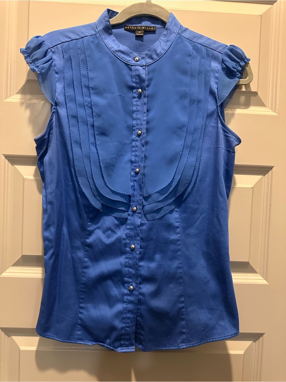 ANTONIO MELANI Royal Blue Sleeveless Pintuck Blouse